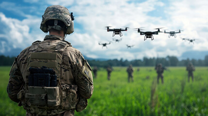 Fototapeta premium Soldier observing swarm of drones in green field, showcasing modern military technology and teamwork in action
