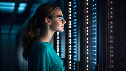 Woman in glasses inspecting glowing server racks in a data center