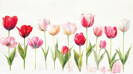 Fototapeta premium Vibrant tulips in various colors stand tall, showcasing their beauty and elegance in floral arrangement. This artwork captures essence of spring
