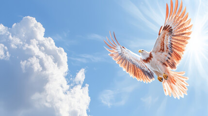Fototapeta premium Majestic eagle soaring through bright blue sky, wings spread wide against fluffy clouds, embodying freedom and grace
