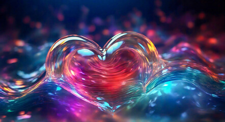 Abstract heart wallpaper. Transparent heart with colorful wave background. Abstract glass heart with vivid light reflections. Crystal heart surrounded by colorful waves.