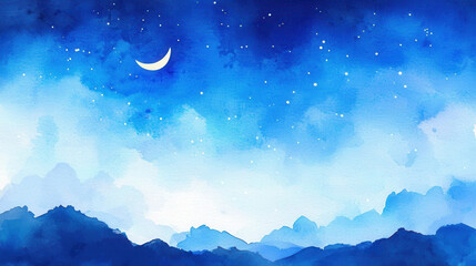 Serene watercolor painting of night sky with crescent moon and stars over blue mountains, evoking tranquility and wonder