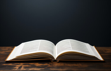 A minimalist composition of an open book on a simple wooden table against a dark background, perfect for concepts of study, focus, and literature