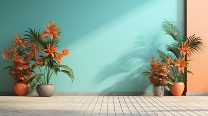 Obraz premium Vibrant indoor scene featuring lush green plants in decorative pots against a turquoise wall, creating a refreshing and inviting atmosphere with natural light
