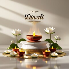 Elegant Happy Diwali greeting with clay diyas and white lotus flowers on golden decorative base, AI-Generated.
