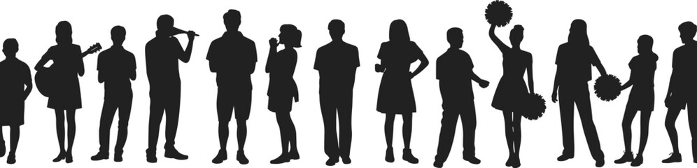 Silhouettes of diverse people, standing in row, performing actions, holding objects, dancing, cheering, playing guitar, posing, isolated, white background