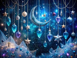 Celestial Silhouette: Mystical Geodes & Iridescent Balloons in a Starry Night
