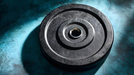 Obraz premium Close-up of a black weight plate on a textured surface.