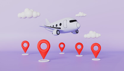 Airplane with location pin, Holiday vacation, Online travel and tourism planning concept