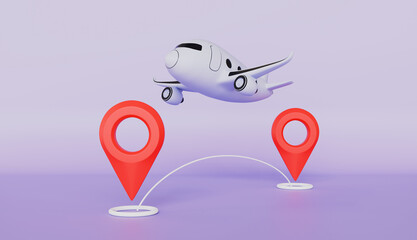 Airplane with location pin, Holiday vacation, Online travel and tourism planning concept
