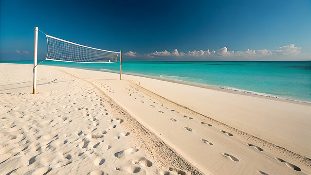 A pristine white sand beach with a volleyball net set up near the turquoise ocean under a clear blue sky