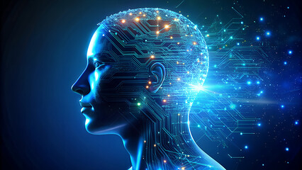 Abstract representation of a human head with glowing blue circuits and digital data streams symbolizing artificial intelligence and futuristic technology concepts