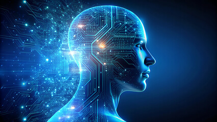 Obraz premium Abstract digital human head with glowing blue circuits and data streams symbolizing artificial intelligence and futuristic technology