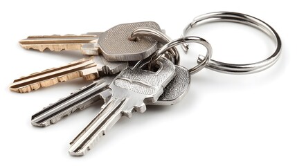 Close-up view of a set of keys on a key ring, featuring multiple keys of varying shapes and sizes. The keys are shiny and new.