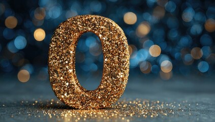 Golden glitter number zero against a blurred blue background