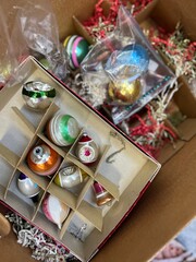 Vintage Glass Christmas Ornaments in Cardboard Box