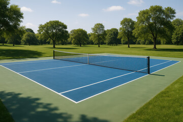 Pickleball court outdoor with net surrounded by green trees and grass under blue sky on sunny day