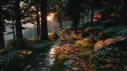 Fototapeta premium Sunlit Forest Path Leading to a Cabin in the Woods