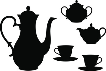 Tea set, teapot, cups, saucers, silhouette, vintage style, elegant design, classic kitchen, black and white, timeless decor, tea party, kitchenware, porcelain, 