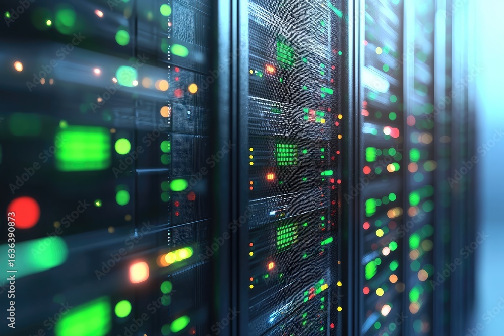 Poster bright data center server racks with glowing green and red indicators in a modern environment, perfe