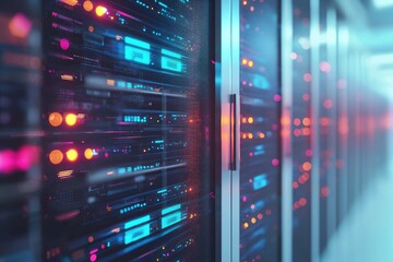 Naklejka premium Colorful data center server racks with vivid pink, blue, and orange LED lights in a modern setting, ideal for IT operations, AI environments, and advanced cloud infrastructure