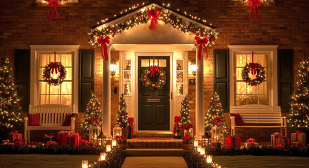 Beautifully decorated house exterior with festive Christmas lights and wreaths at night