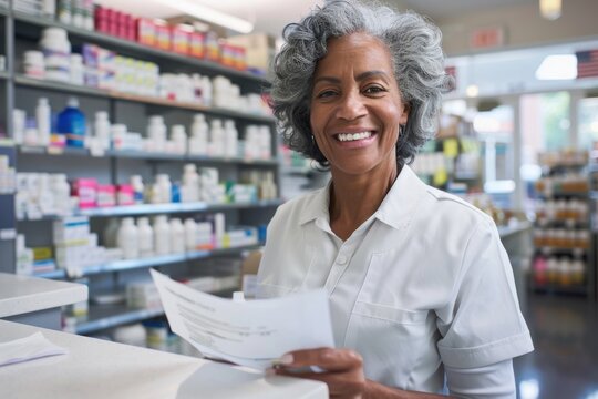Smiling senior pharmacist holding prescription in pharmacy drugstore - Powered by Adobe