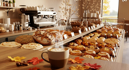 Warm autumn bakery counter with fresh bread, pastries, and a steaming cappuccino