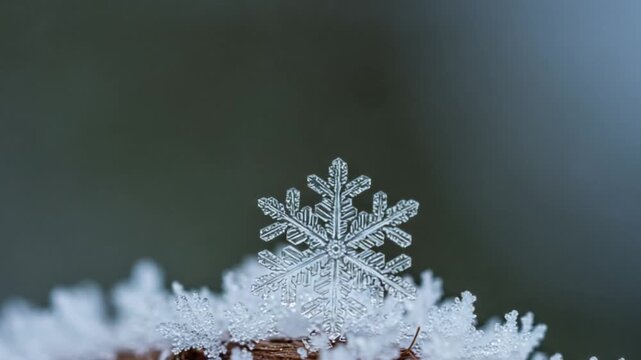 Close-up of a delicate snowflake resting on a frosty surface, showcasing its intricate crystal pattern