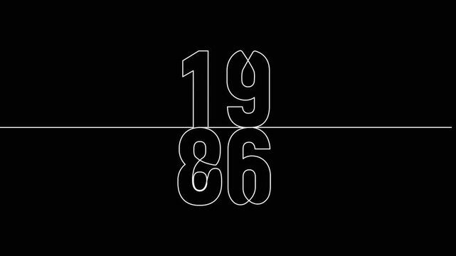 1986 year continuous line art clip self drawing animation on white black background. vertically single one line art outline illustration 1986 year numbers video