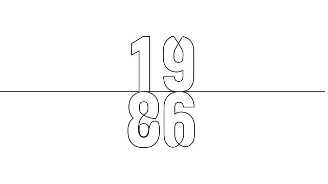 1986 year continuous line art clip self drawing animation on white black background. vertically single one line art outline illustration 1986 year numbers video