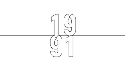 1991 year continuous line art clip self drawing animation on white black background. vertically single one line art outline illustration 1991 year numbers video