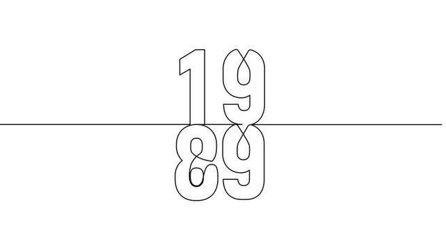1989 year continuous line art clip self drawing animation on white black background. vertically single one line art outline illustration 1989 year numbers video