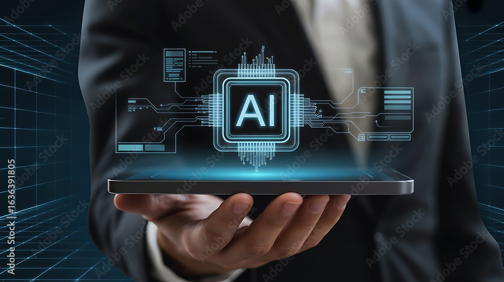 Poster businessman holding smartphone displaying glowing ai chip with futuristic data visualizations and ci