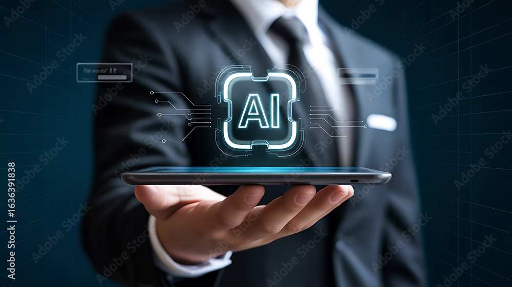 Poster businessman holding a smartphone displaying a glowing ai interface with futuristic digital elements