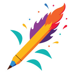 Obraz premium Vector art of creative pencil with colorful flame and splashes isolated on white background