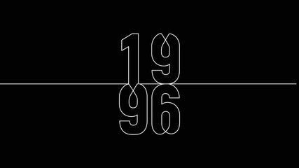1996 year continuous line art clip self drawing animation on white black background. vertically single one line art outline illustration 1996 year numbers video