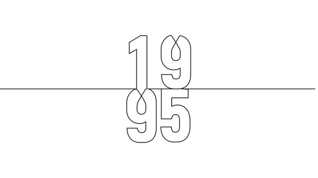 1995 year continuous line art clip self drawing animation on white black background. vertically single one line art outline illustration 1995 year numbers video