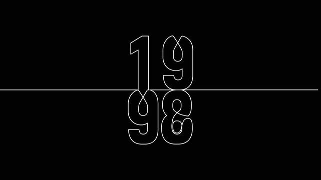 1998 year continuous line art clip self drawing animation on white black background. vertically single one line art outline illustration 1998 year numbers video