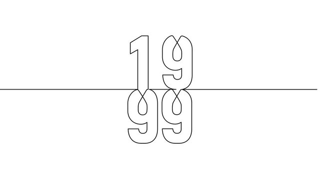 1999 year continuous line art clip self drawing animation on white black background. vertically single one line art outline illustration 1999 year numbers video