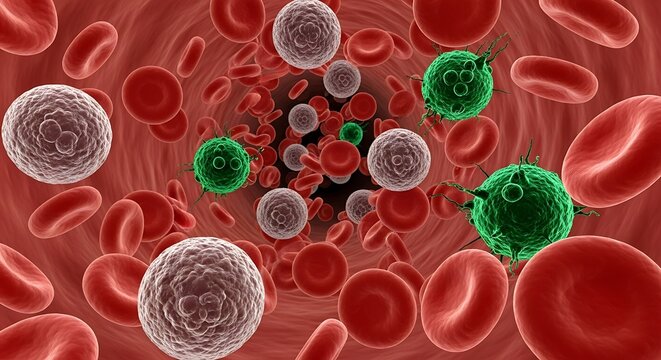 Human Bloodstream with Red Blood Cells, White Blood Cells, and Green Viruses in a 3D Rendered Microscopic View