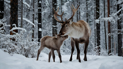 Obraz premium Reindeer mother guiding her calf through a snowy forest