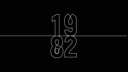 1982 year continuous line art clip self drawing animation on white black background. vertically single one line art outline illustration 1982 year numbers video