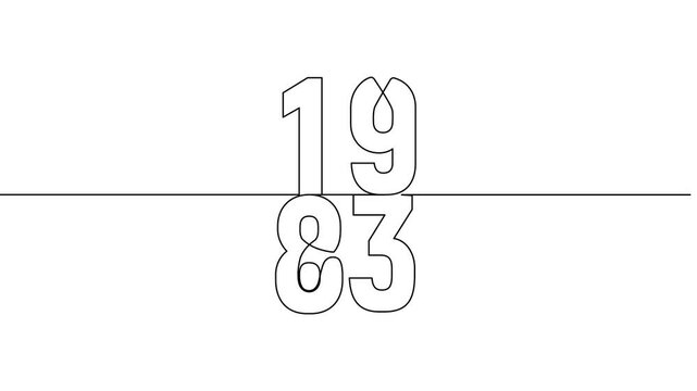 1983 year continuous line art clip self drawing animation on white black background. vertically single one line art outline illustration 1983 year numbers video