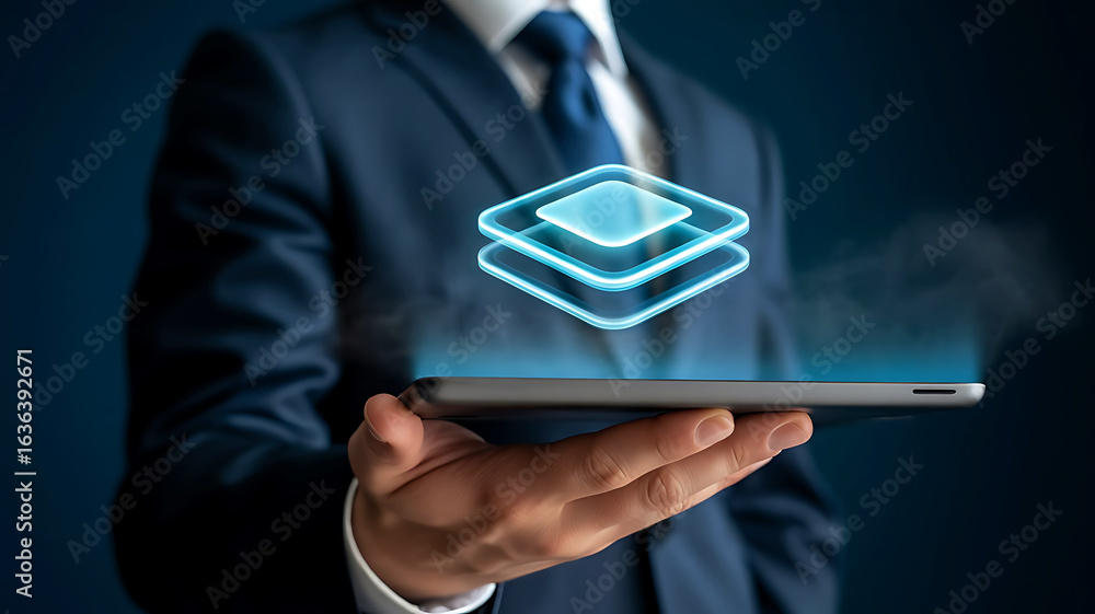 Poster businessman holding a tablet displaying a glowing layered digital interface with data visualization 