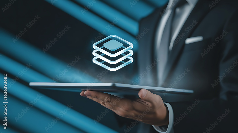 Poster businessman holding a tablet displaying a glowing layered data icon with a blue abstract background