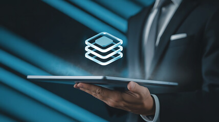Businessman holding a tablet displaying a glowing layered data icon with a blue abstract background