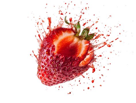 Whole bitten strawberry with green calyx and red juice explosion