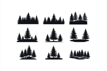 Obraz premium Nine black silhouette pine tree clusters on white background pine trees forest