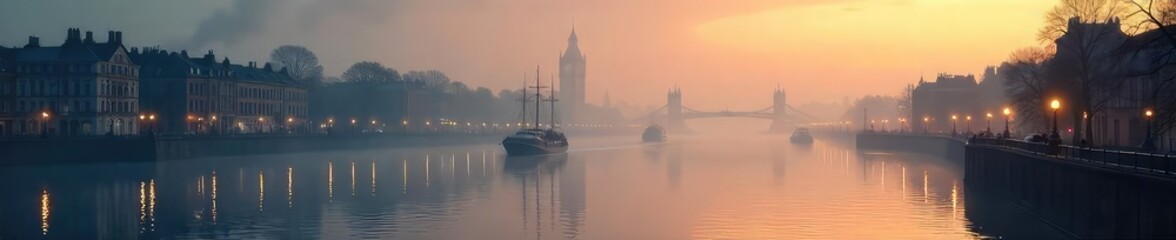 A misty morning on the River Thames, Victorian-era architecture reflected in the water, barges and sailing vessels in the distance, gas lamps dimly lit , sunrise, twilight